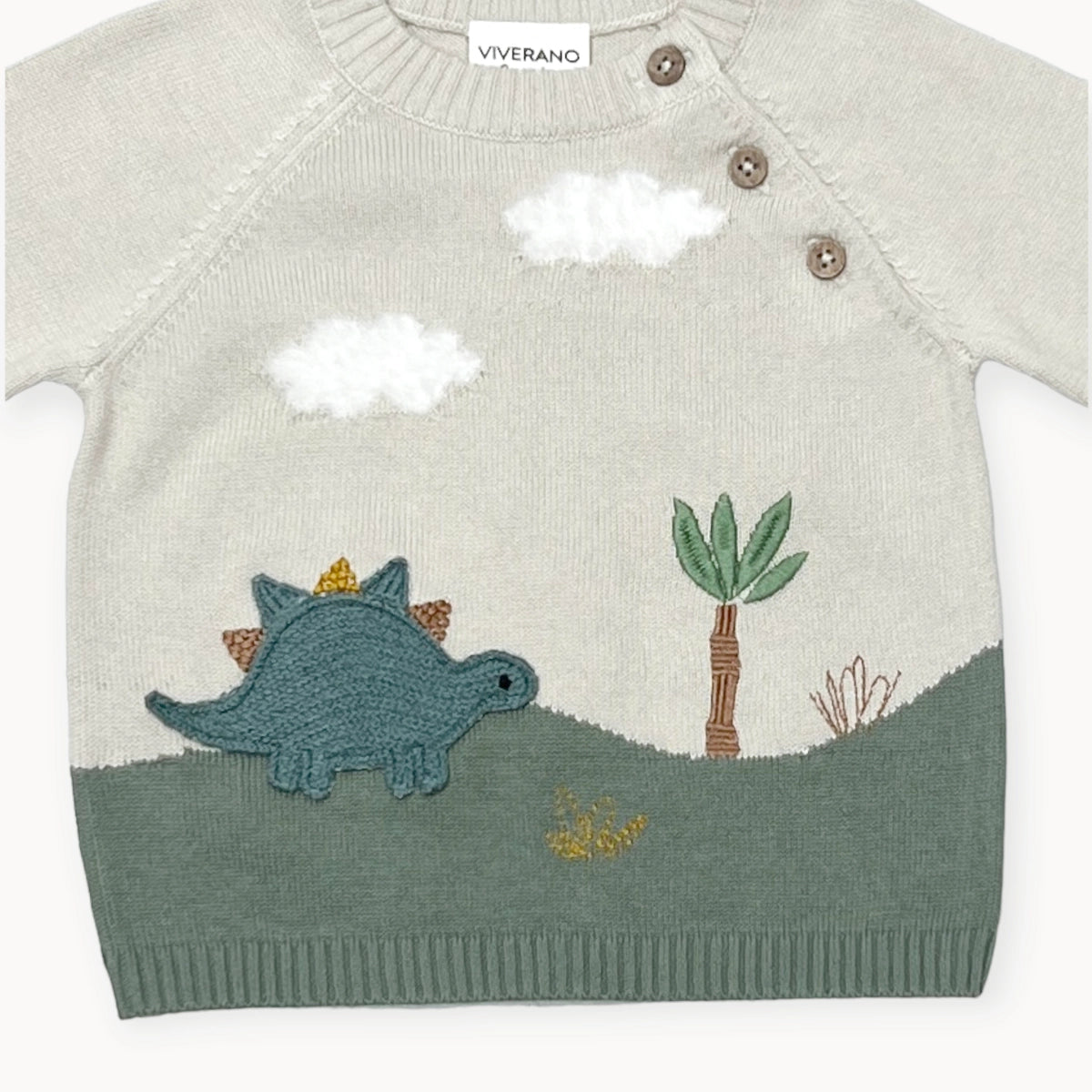 Dino Applique Organic Pullover Sweater-Stone