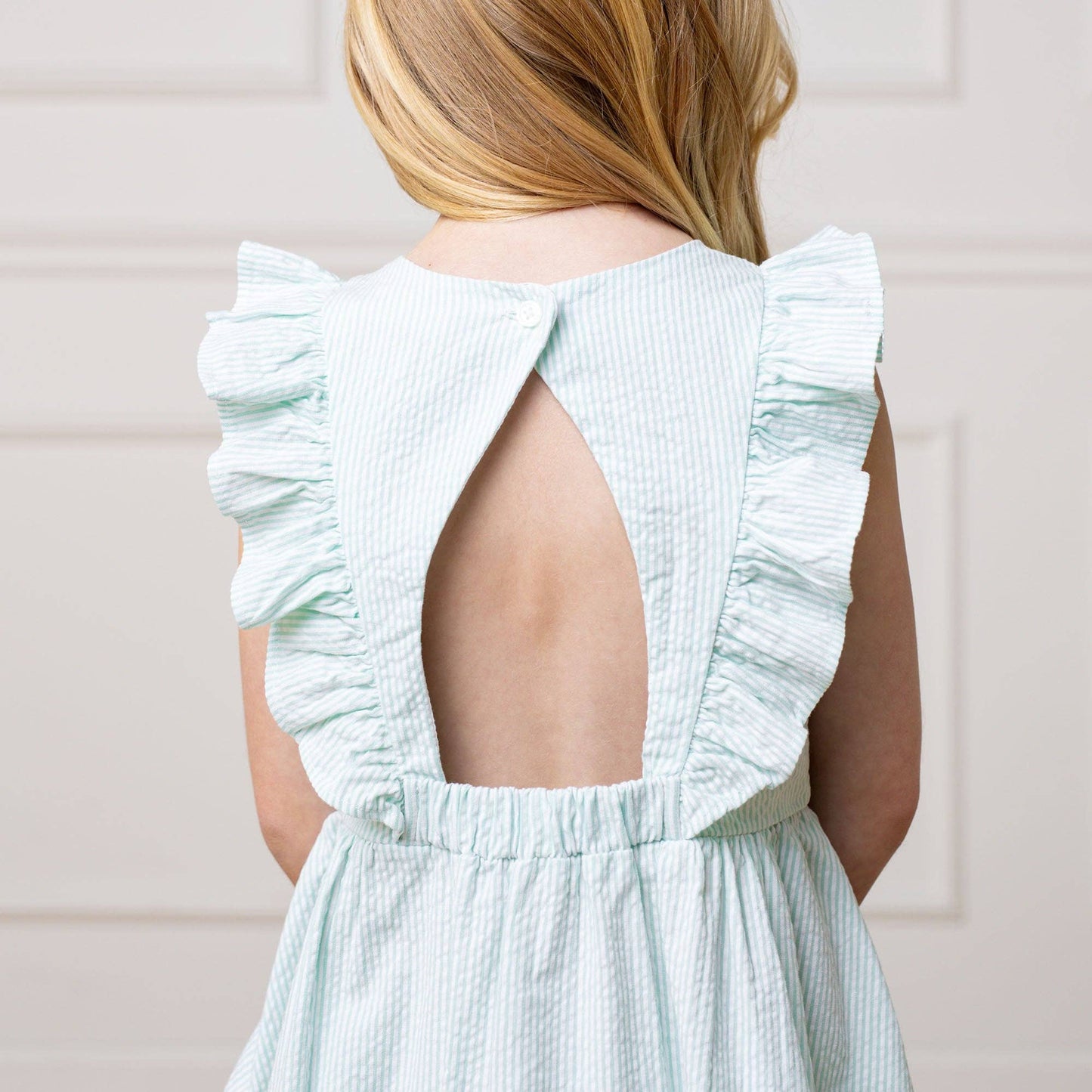 Organic Flutter Sleeve Open Back Dress- Mint Seersucker