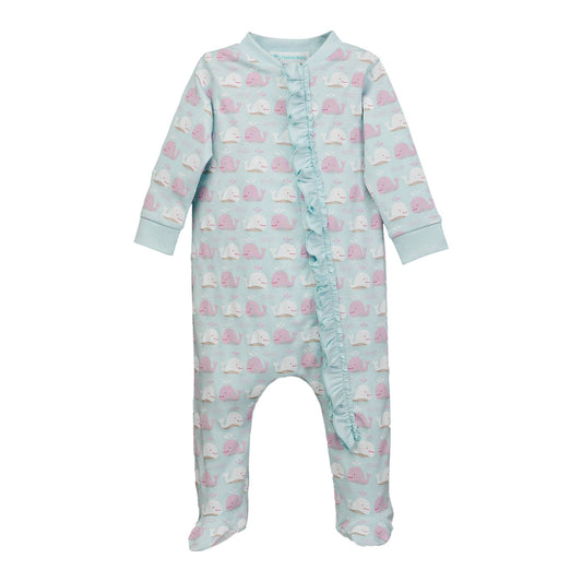 Smiling Whales Ruffle Pima Zip Footie