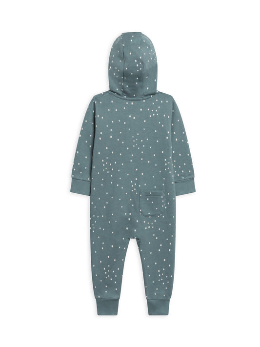 Organic Greer Fleece Hooded Romper- Square Dot Teal