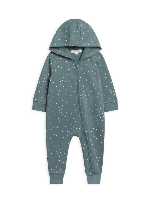 Organic Greer Fleece Hooded Romper- Square Dot Teal