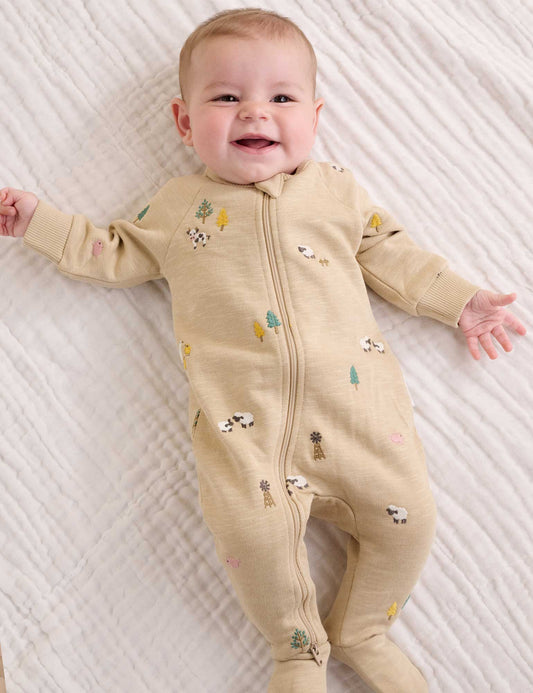 Organic Farm Friends Embroidered Fleece Footie