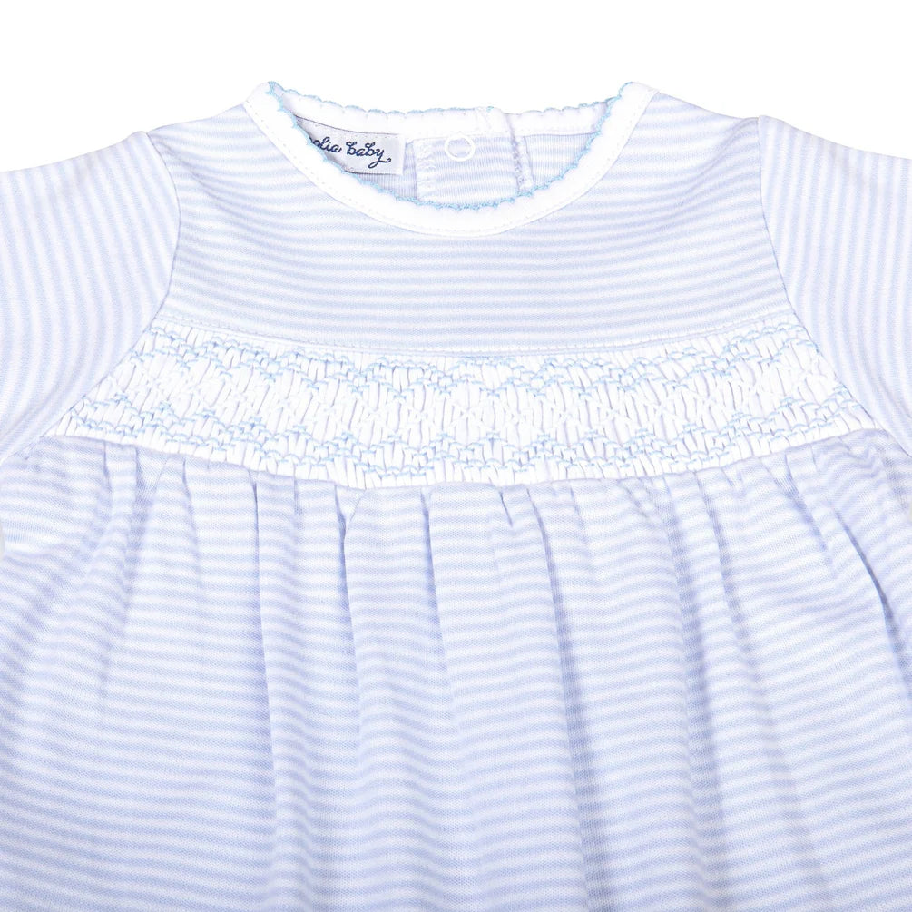 Mini Stripes Smocked Pima Footie- Light Blue