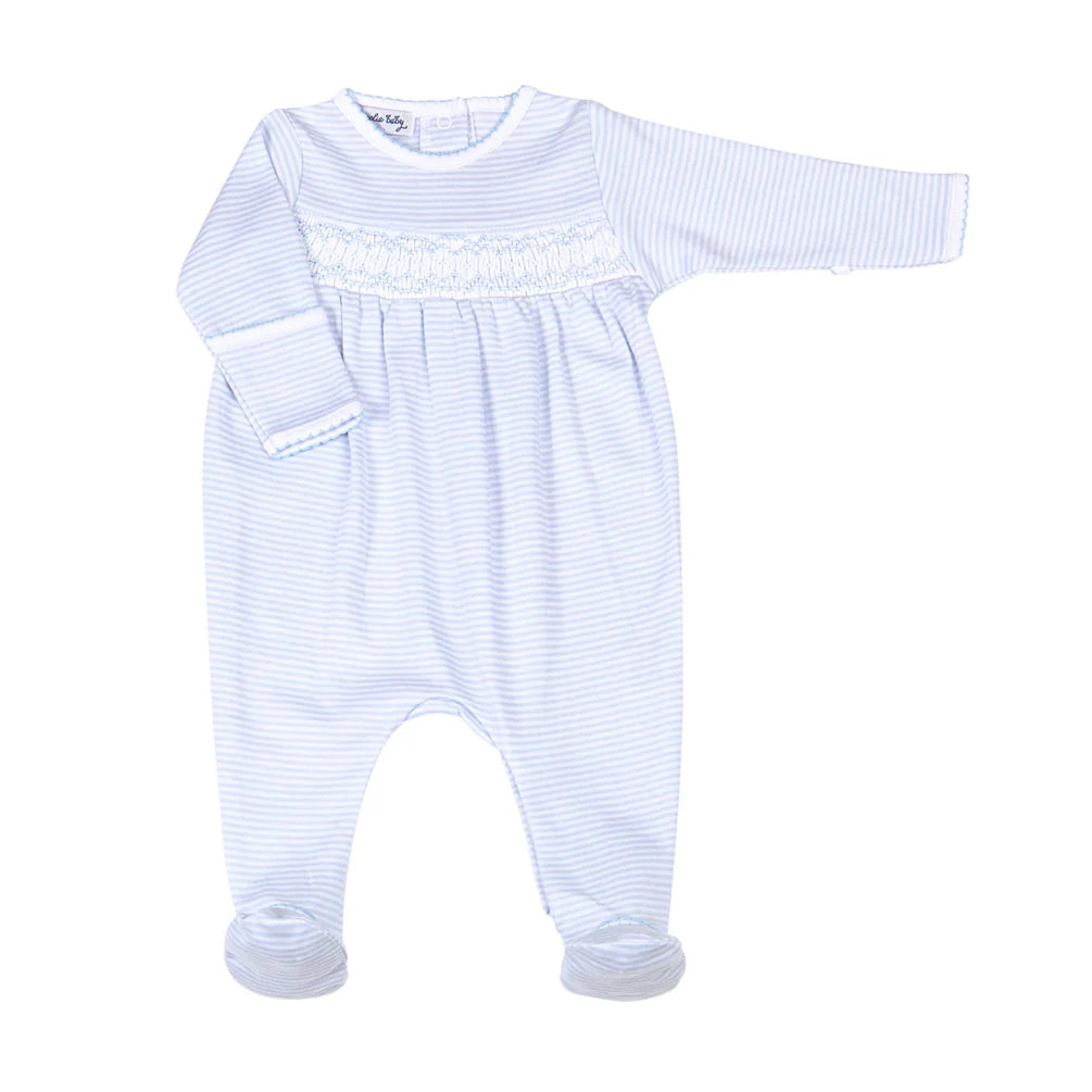 Mini Stripes Smocked Pima Footie- Light Blue