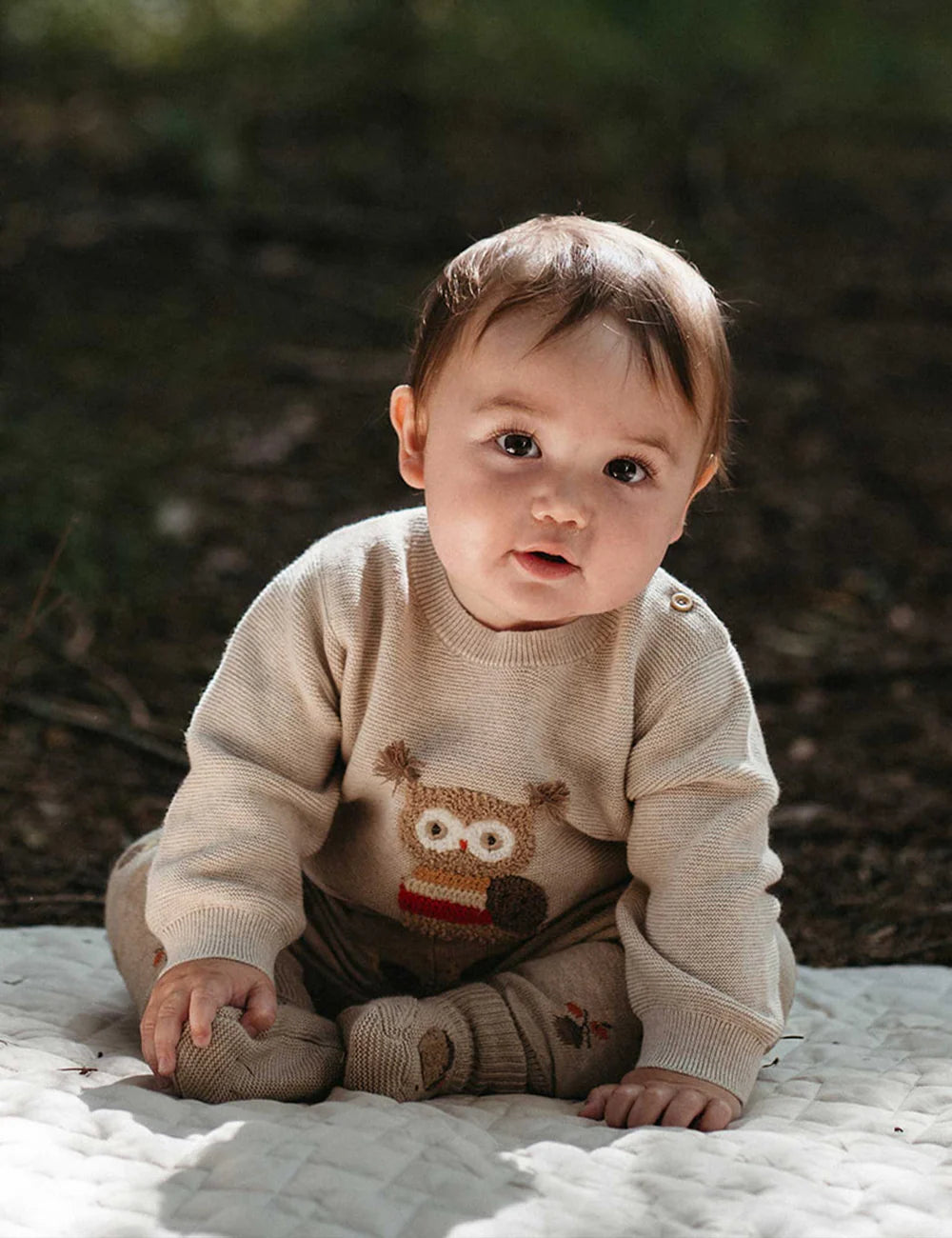 Organic Oatmeal Melange Applique Owl Sweater