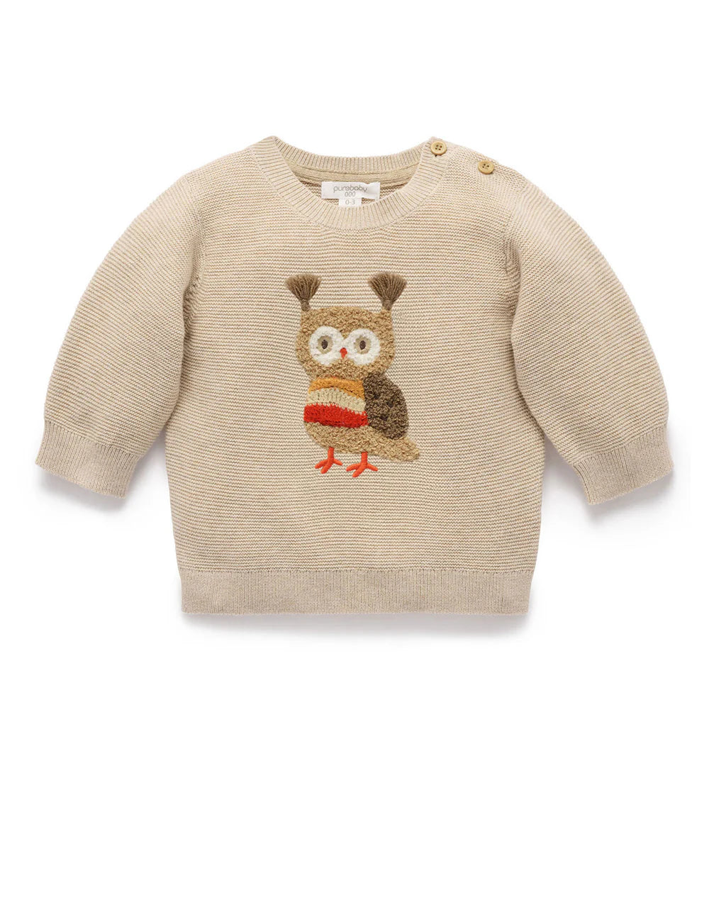 Organic Oatmeal Melange Applique Owl Sweater