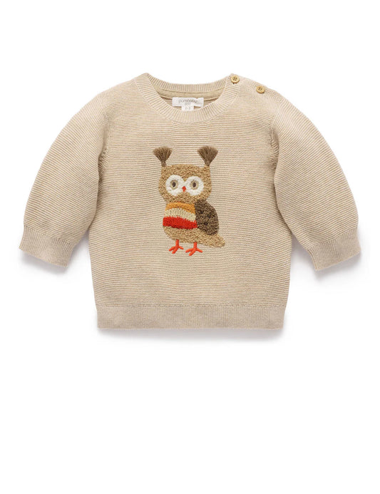 Organic Oatmeal Melange Applique Owl Sweater