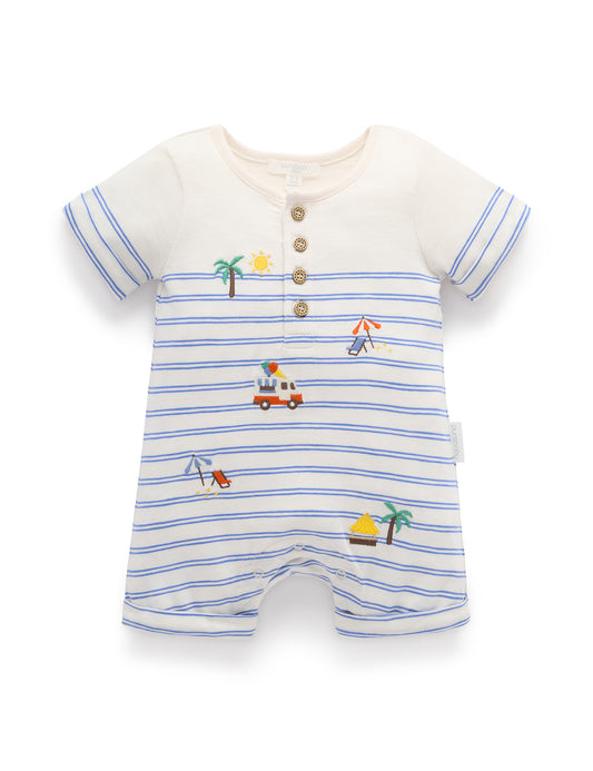 Organic Embroidered Pacific Mini Stripe Shortie Romper