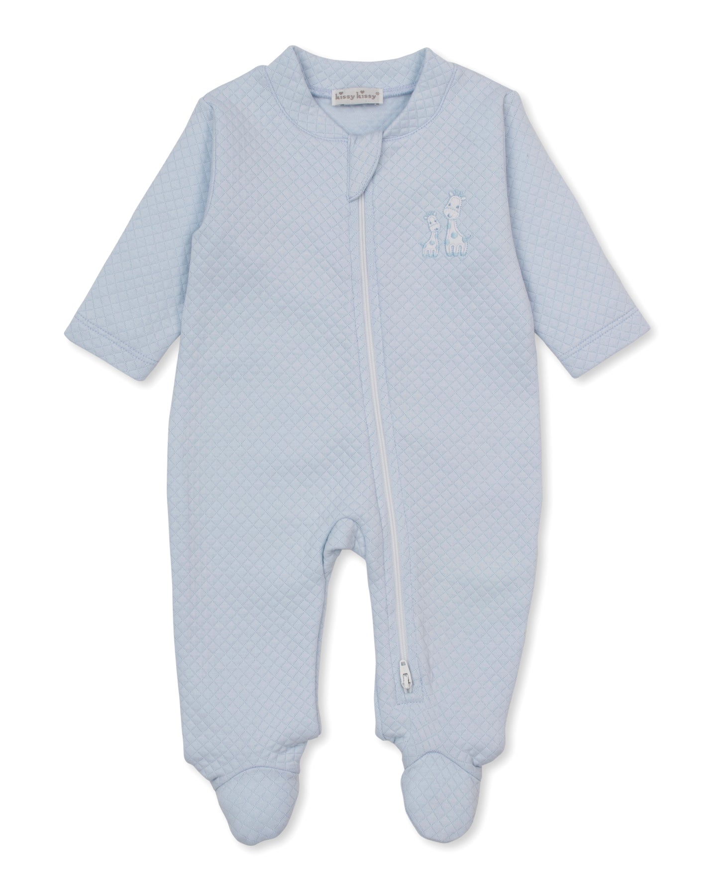 Giraffe Laughs Blue Jacquard Zip Pima Footie