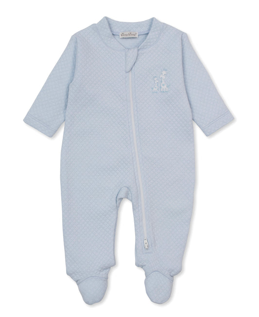 Giraffe Laughs Blue Jacquard Zip Pima Footie