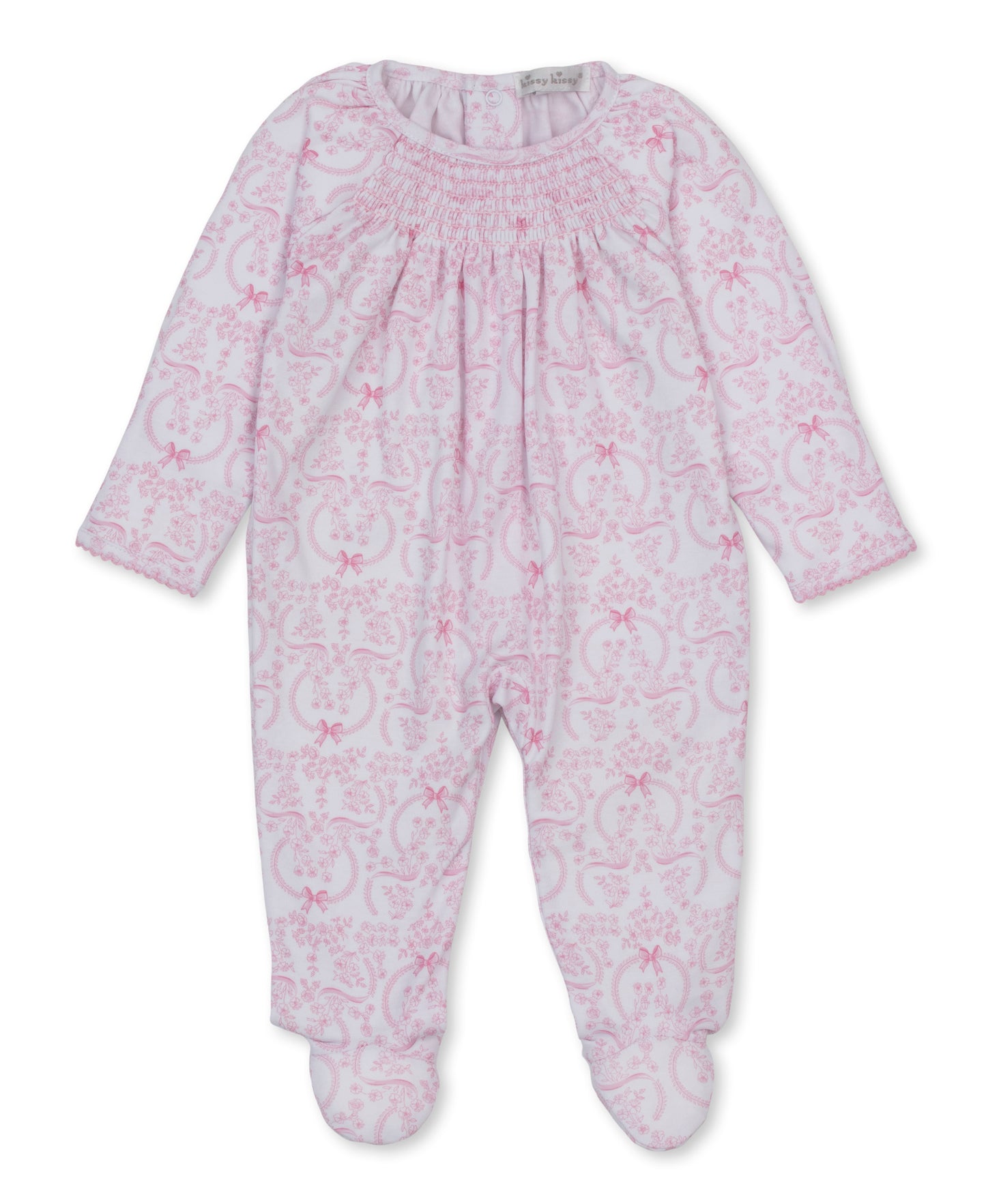 Delicate Pink Blooming Bows Smocked Pima Footie