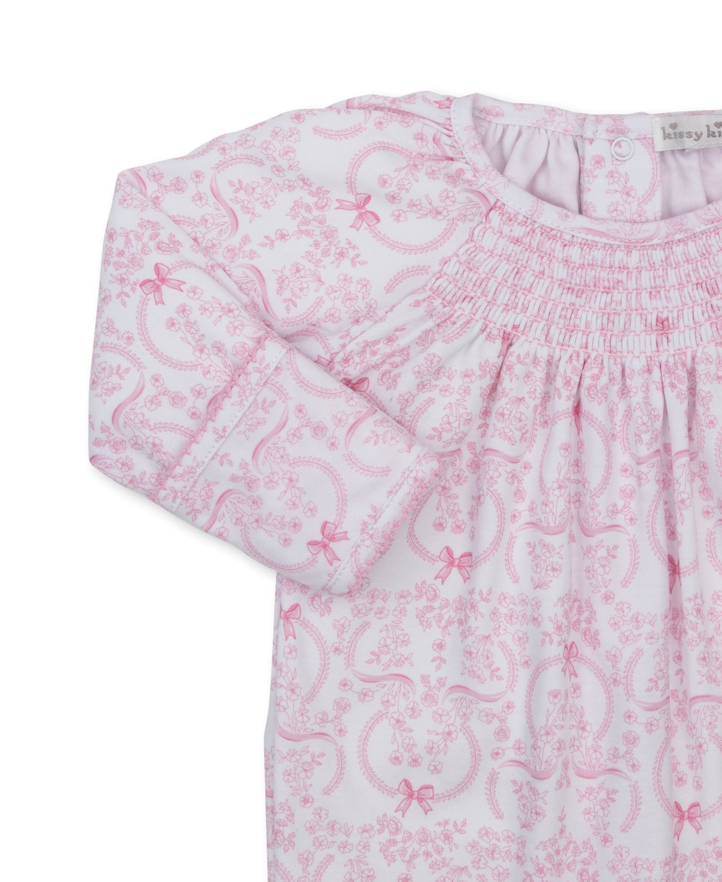 Delicate Pink Blooming Bows Smocked Pima Footie