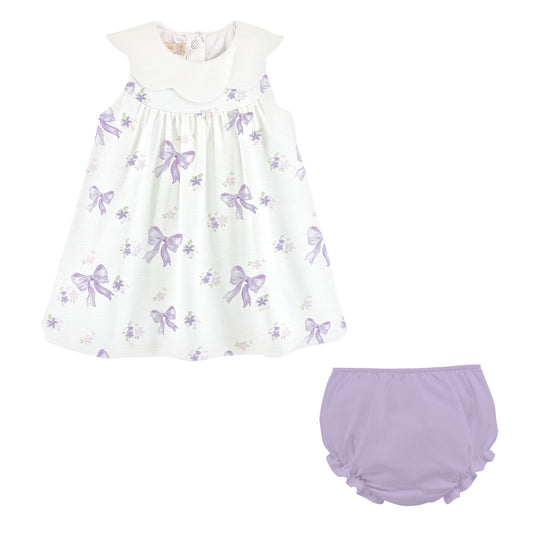 Lavender Bows Pima Dress + Bloomers