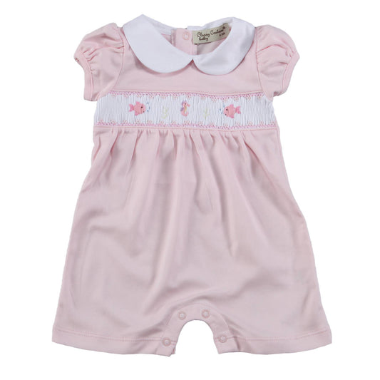 Girls Pink Hand Smocked Fish Romper