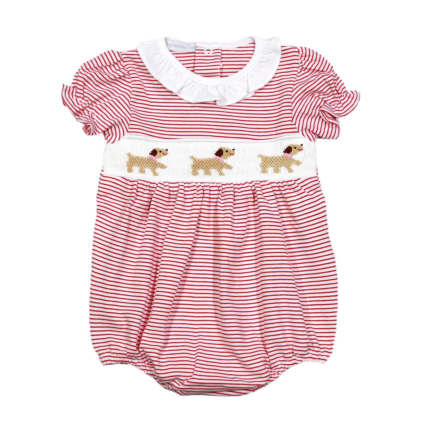 Girls Red Stripe Puppy Hand Smocked Bubble
