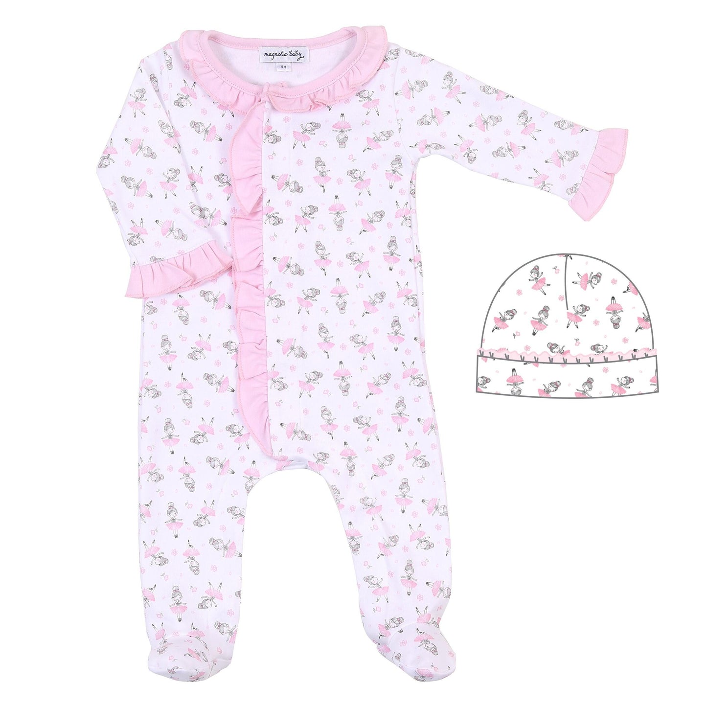 Prima Ballerina Pink Printed Ruffle Front Footie and Hat Set