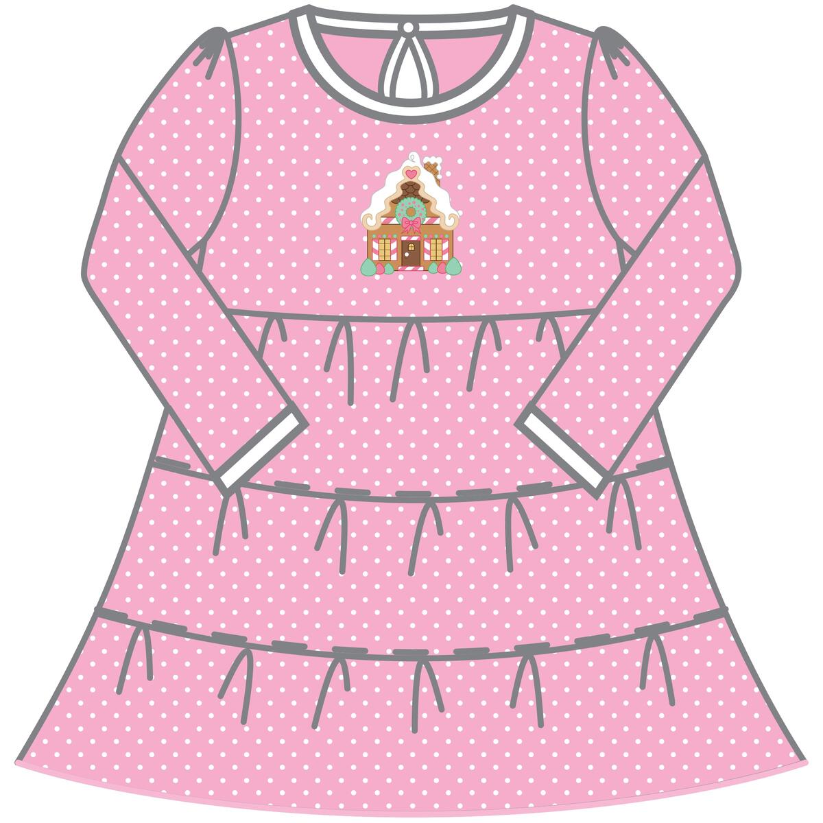 Gingerbread Applique Pink Tiered Long Sleeve Dress