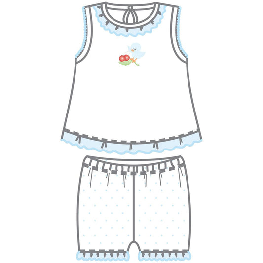 Bluebirds and Cherries Embroidered Ruffle 2 PC Shirt/Short Set